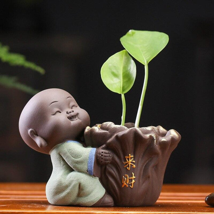 Tranquil Zen Tea Companion Set with Peaceful Buddha Statue, Monk Doll, and Mini Plant Pot