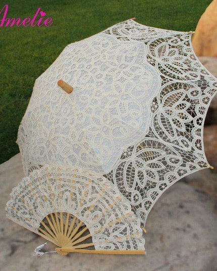 Victorian Elegance Lace Parasol and Fan Ensemble: Handcrafted Timeless Beauty