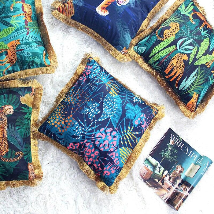 Jungle Luxe Botanical Tassel Cushion Covers: Exotic Animal & Rainforest Print