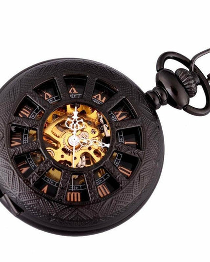 Vintage Black Skeleton Pocket Watch Necklace in Steampunk Style