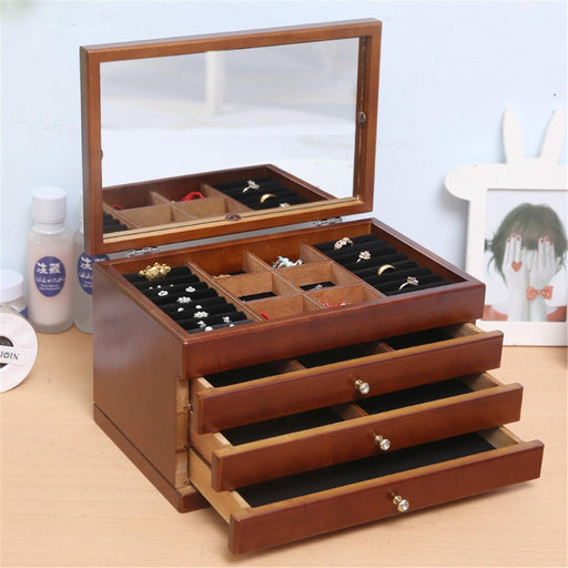 Vintage 6 Tier Wood Jewelry Box with Mirror - Elegant Jewelry Storage Cabinet
