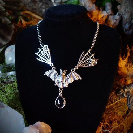Enchanted Gothic Bat & Spiderweb Necklace Set - Mystical Wicca Pagan Charm Jewelry