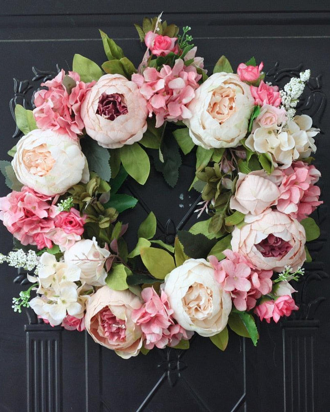 Elegant Peony Silk Flower Wreath with Rattan Accents - Perfect for Home Decor