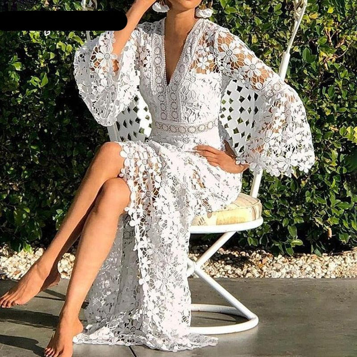 Chic V-Neck Flare Sleeve White Pullover Dress | Women's Elegant Backless High Waist Mid-Length Dress