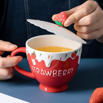 Charming Strawberry-Themed Ceramic Mug Set with Lid and Spoon for a Luxurious Drinking Experience