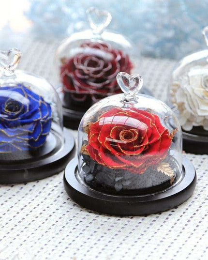 Eternal Elegance: Preserved Rose in Glass Dome with Opulent Gold Accents