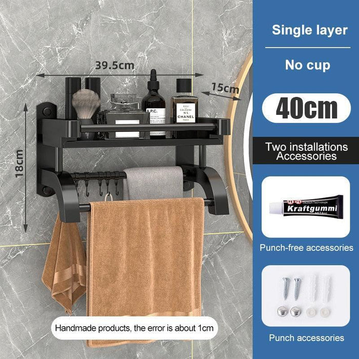 Modern Black Stainless Steel Bathroom Storage Caddy with Towel Holder and Superior Drainage System