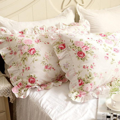 Pastoral Rose Print Pillow Shams Set with Handmade Ruffles - Cotton Princess Bedding