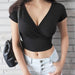 Curve-Enhancing Black Crop Top with V Neck for Women