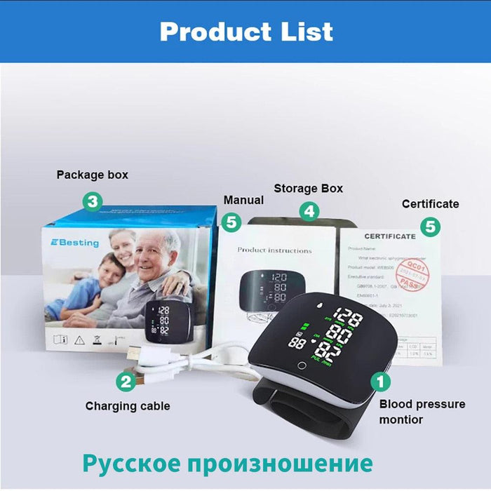 Smart Touch LCD Screen Voice Wrist Blood Pressure Monitor with Multi-Language Support