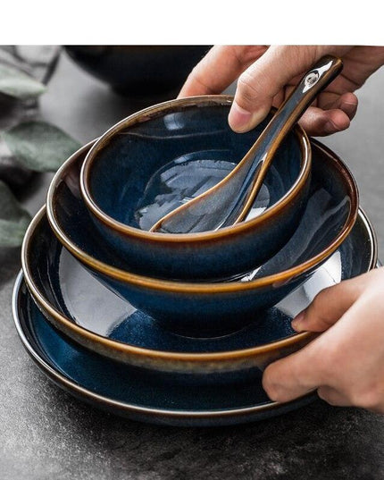 Sophisticated Blue Glazed Ceramic Dining Collection with Complementary Salad and Soup Bowls