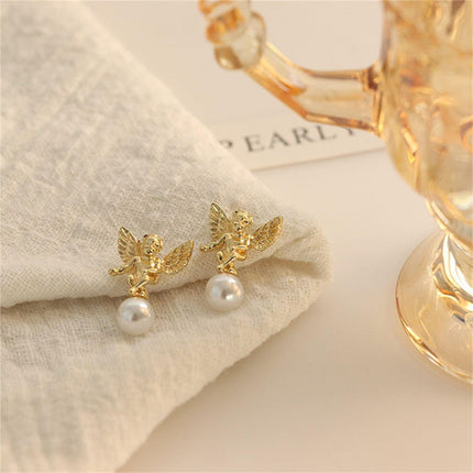 Delightful Gold Cupid Angel Stud Earrings - Elegant Women's Accessory