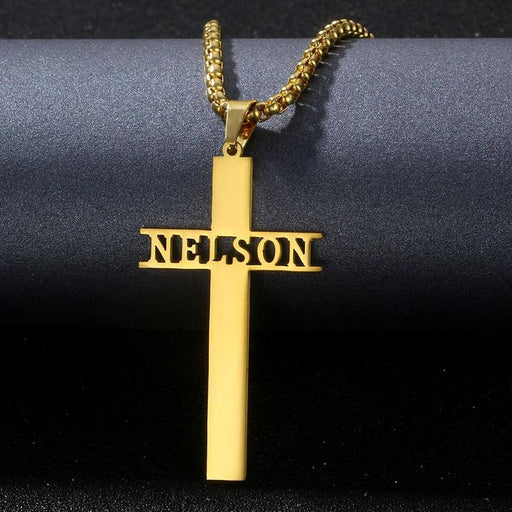 Custom Name Embossed Gold-Plated Stainless Steel Cross Necklace