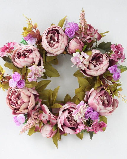 Elegant Peony Silk Flower Wreath with Rattan Accents - Perfect for Home Decor