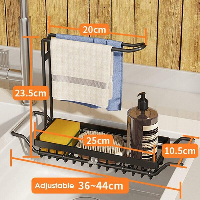 Adjustable Stainless Steel Sink Rack with Integrated Towel Holder - Perfect for Kitchen and Bathroom Organization