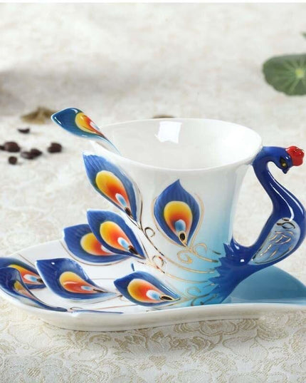 Exquisite 3D Peacock Design Handcrafted Ceramic Tea Mug Set - 200ml Drinkware Collection