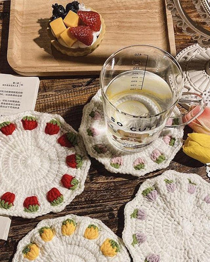 Adorable Strawberry Knit Coaster Set - Whimsical Table Protector and Home Decor Essential