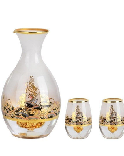 Elegant Gilded Glass Wine Set with Mixer for Sophisticated Sips