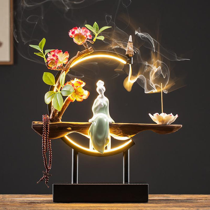 Ceramic Backflow Incense Burner: Handcrafted with Flower Design and Wooden Bracelet
