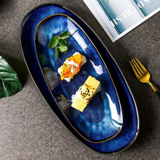 Japanese Cerulean Glazed Serving Platter - Ideal for Steamed Fish & Sushi