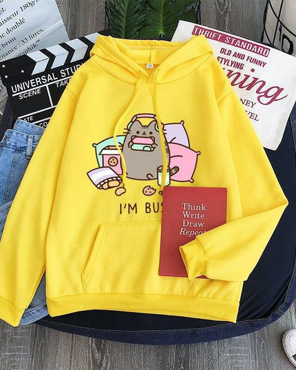 Charming Cat-Themed Fleece Pullover Hoodie for Cozy Spring and Autumn Days