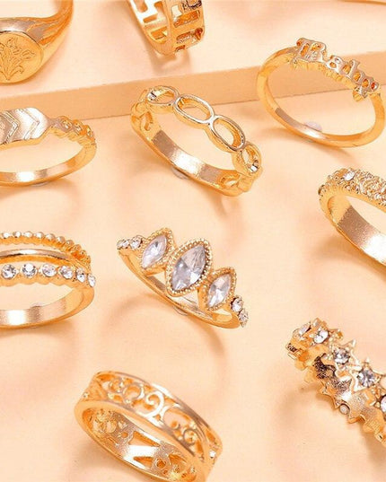 Charming 12-Piece Bohemian Gold Crystal Ring Set - Elegant Jewelry Collection for Women