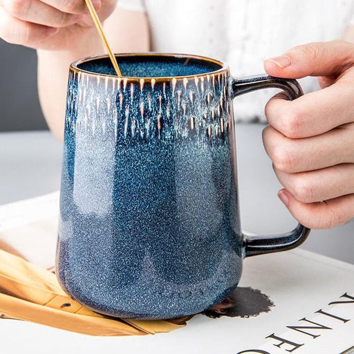 Vintage Ceramic Coffee Mug Set with Spoon and Lid - 600ml
