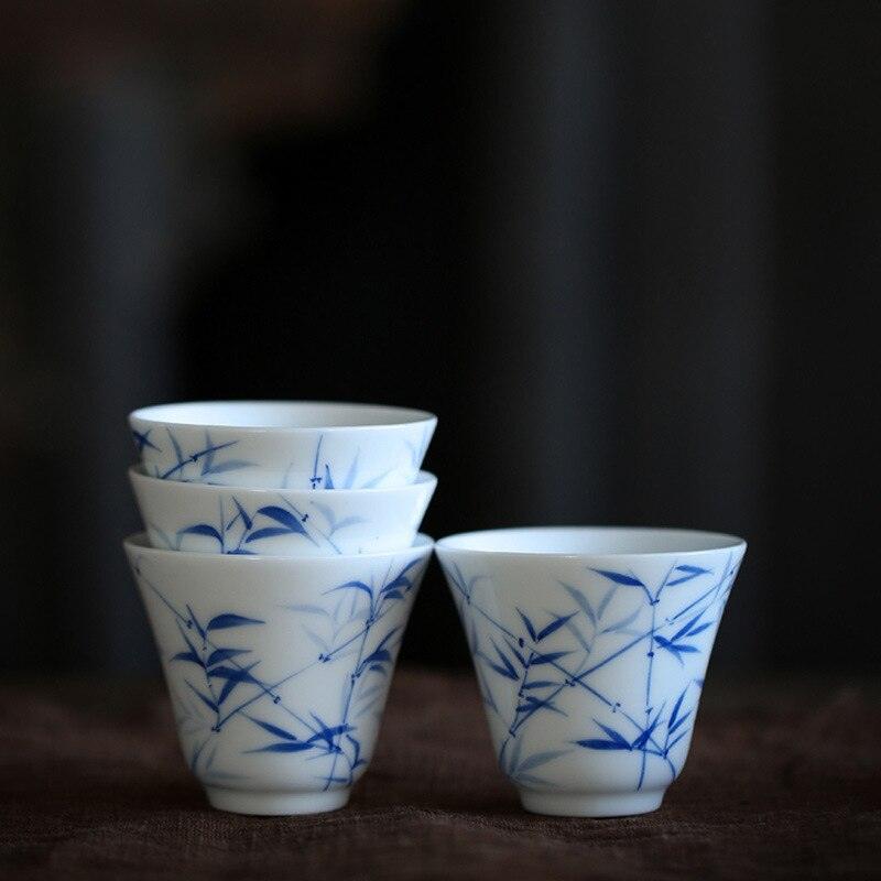 3PC Jingdezhen Hand Painted Bamboo Ceramic TeaCups White Jade Porcelain Master Cups Kung Fu Tea Personal Mugs Household Teaset-Kitchen & Dining›Tabletop›Cups, Mugs & Saucers›Teacups & Saucer Sets-Très Elite-Très Elite