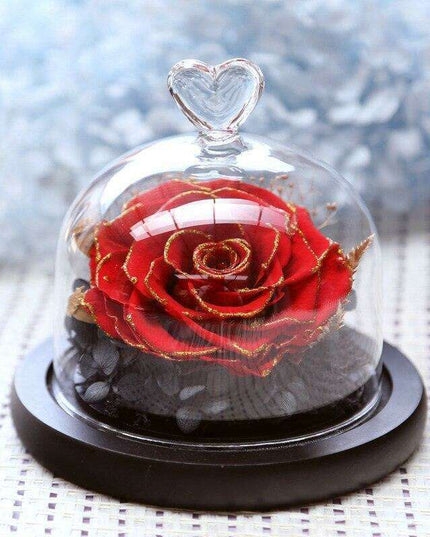 Eternal Elegance: Preserved Rose in Glass Dome with Opulent Gold Accents