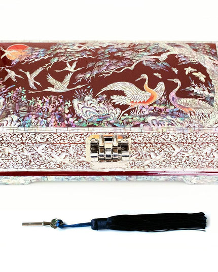 Elegant Crane and Shell-Inlaid Jewelry Organizer with Mirror