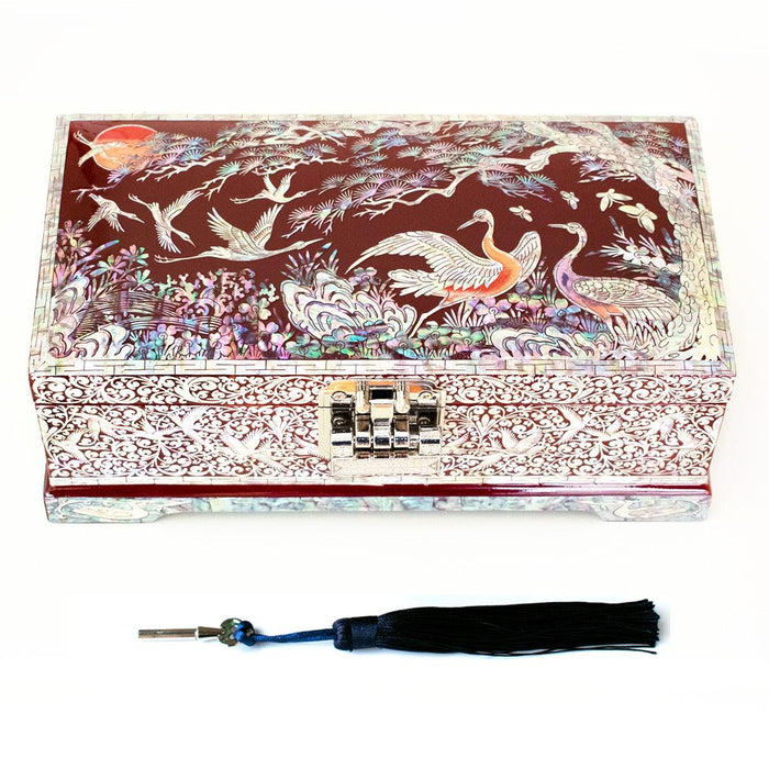 Elegant Crane and Abalone Shell Inlaid Jewelry Box with Mother of Pearl Embellishments