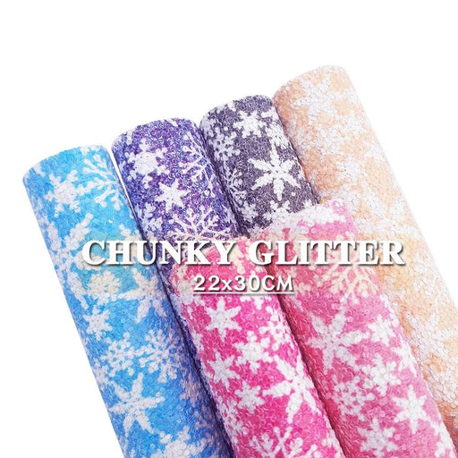 Festive Christmas Chunky Glitter Fabric Snow Print Faux Leather Sheets - Craft Supplies