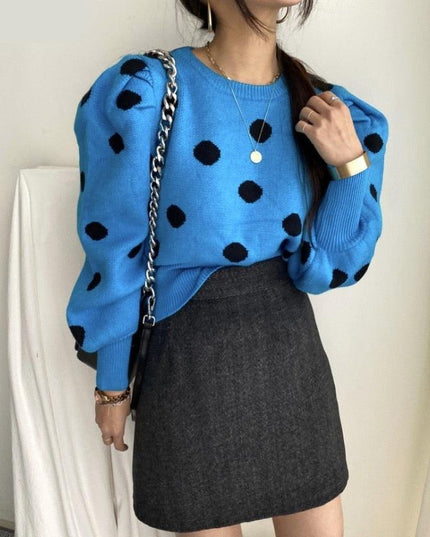 Chic Korean Sweater with Playful Polka Dot Puff Sleeves - Cozy Elegance Redefined