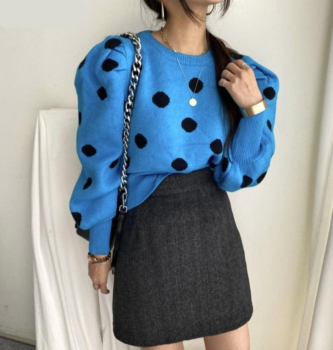 Korean-Inspired Polka Dot Sweater with Puff Sleeves | Elegant Knitwear for Fall and Winter Fashionistas
