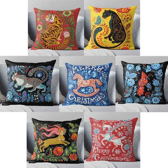 Whimsical Linen Animal Pillow Cover with Playful Cartoon Design