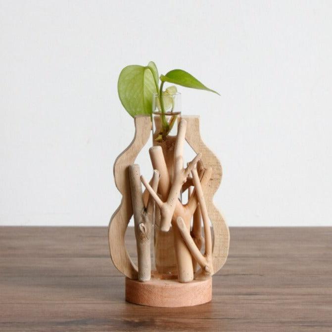 Rustic Wooden Vase adorned with Delicate Floral Details