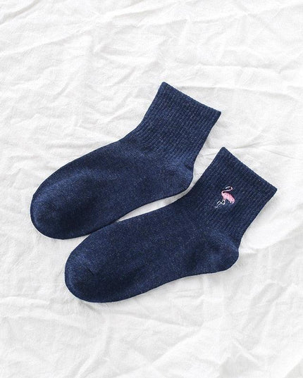 Kawaii Flamingo Delight: Adorable Japanese Embroidered Cotton Socks for Women