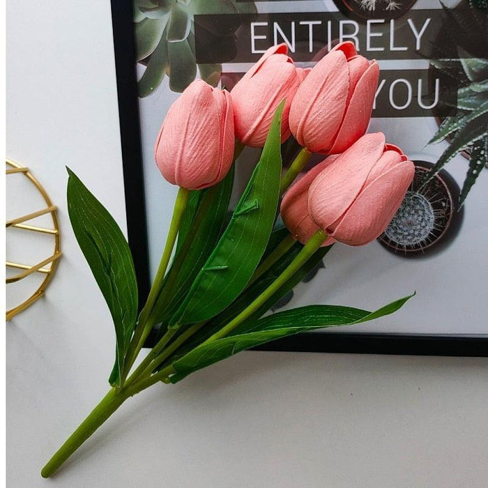 Elegant Hot Pink Tulip Bouquet: Realistic Stems with 5 Lifelike Buds