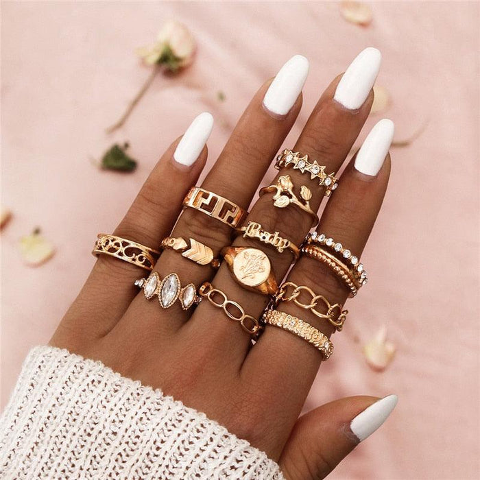 Bohemian Gold Crystal Finger Ring Set - 12 Piece Collection for Women
