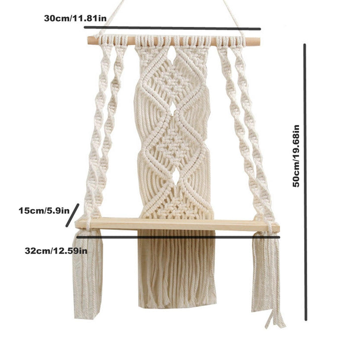 Bohemian Macrame Wall Shelf with Tassel Accents - Handcrafted Storage Solution for Chic Home Décor