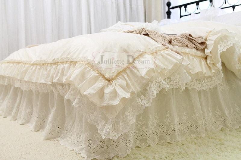Serene Cream Botanica Lace Yarn Bedding Ensemble with Ruffle Detail