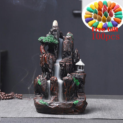 Tranquil Mountain River Backflow Incense Fountain with 100 Aromatic Cones