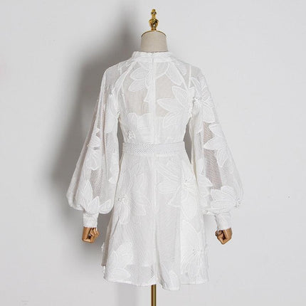 Elegant White Embroidered Patchwork Dress with Sophisticated Stand Collar for Women