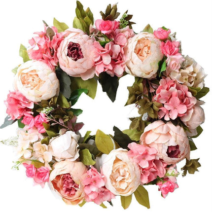 Elegant Peony Silk Flower Wreath with Rattan Accents - Perfect for Home Decor