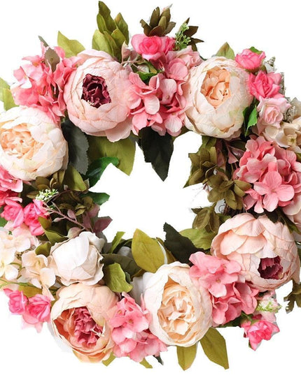 Elegant Peony Silk Flower Wreath with Rattan Accents - Perfect for Home Decor