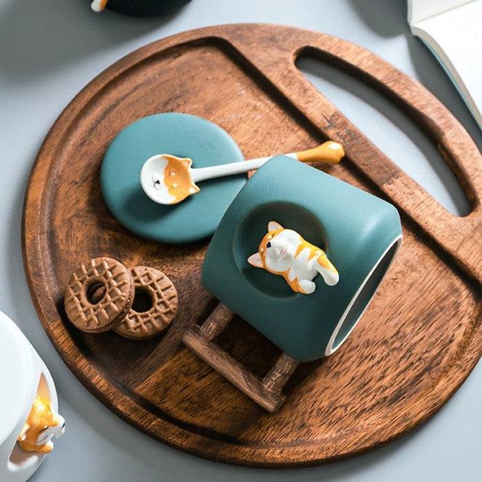 Elegant Shiba Inu Akita Dog Ceramic Mug and Spoon Set - 420ml Capacity for Stylish Sipping