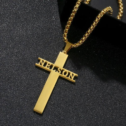 Personalized Gold-Plated Stainless Steel Cross Necklace with Custom Name Embossment
