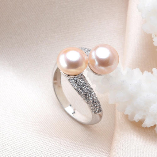Double Pearl and Zircon Silver Adjustable Band Ring - Elegance and Radiance