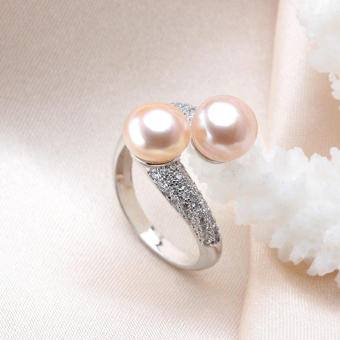 Elegant Double Pearl and Zircon Sterling Silver Ring - Sophisticated Beauty