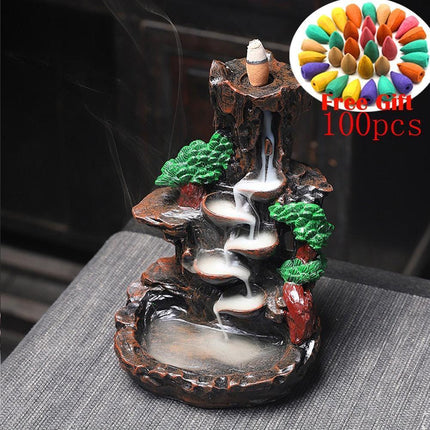 Tranquil Mountain River Backflow Incense Fountain with 100 Aromatic Cones